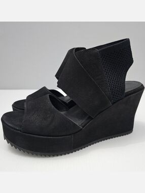 NEW Eileen Fisher Lio Wedge Womens 8.5 Black Leather Platform Sandal Chunky